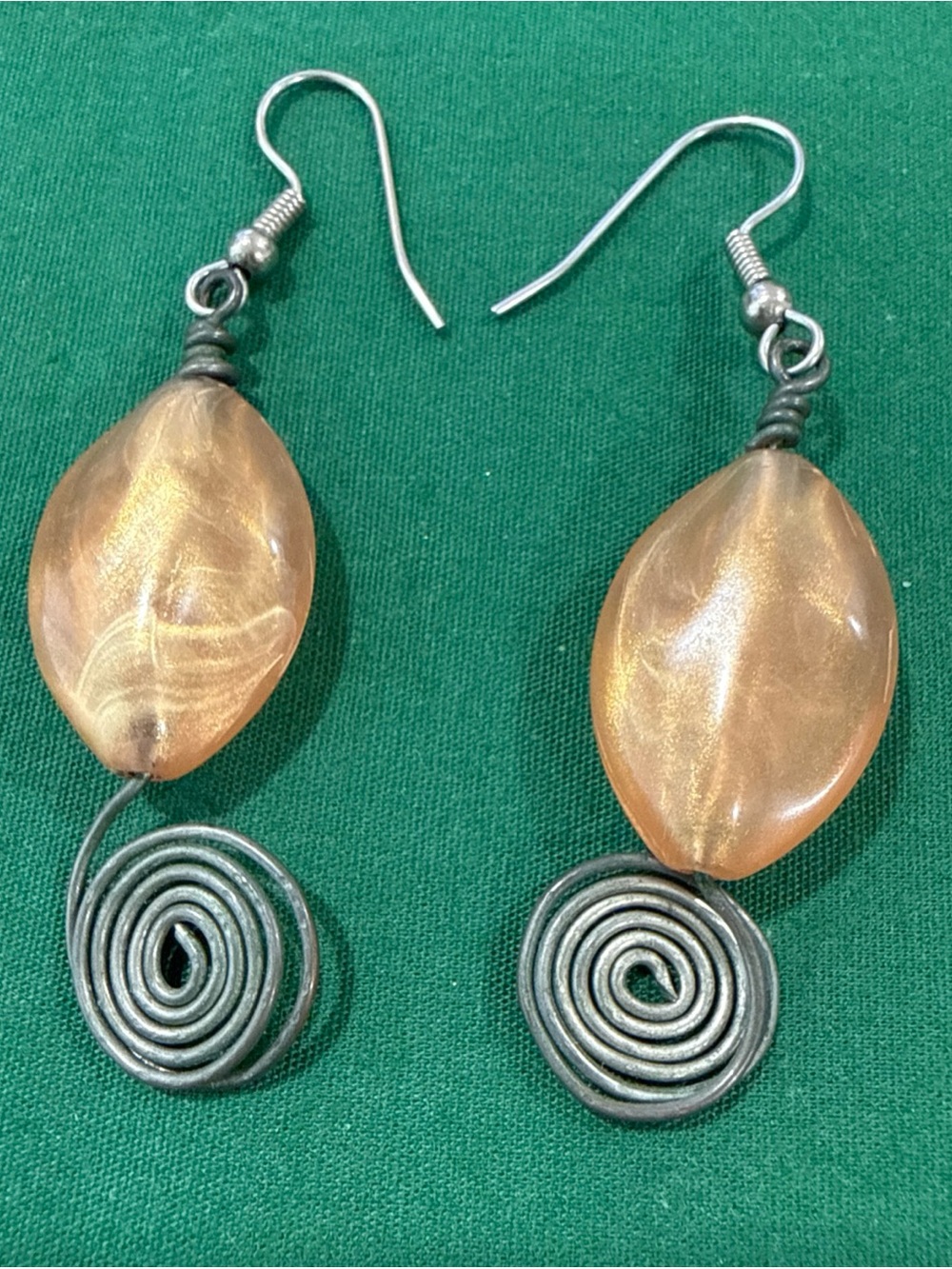 Silver Tone Wire  & Orange/Amber  Bead Earrings. 104B